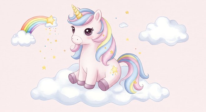 Charming unicorn illustration with rainbow and clouds against a soft pink backdrop