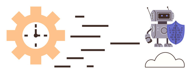 Gear with clock, motion lines, robot holding shield, cloud. Ideal for technology, cybersecurity, automation, efficiency innovation data protection AI. Simple flat metaphor