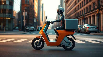 Robot courier on escooter with city street.