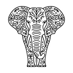 Elephant with floral ornaments pattern coloring page for children and adult education. Vector illustration.