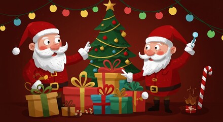 Festive illustration of two santas and christmas tree with gifts