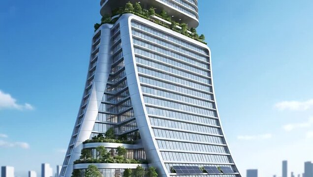 Futuristic skyscraper with rooftop garden

