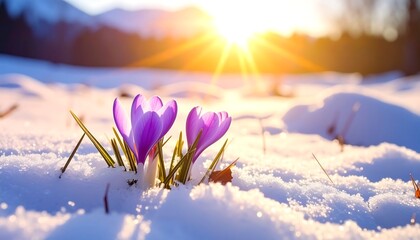 Two purple crocuses emerge from snow, backlit by a vibrant sunset