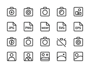 Photo & Image File Type Line Icons - Camera, JPG, PNG, SVG, WEBP, RAW, Portrait, Landscape, Flash for Photography, Web Design, Social Media & App UI

