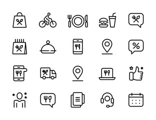 Food Delivery & Dining Experience Line Icons - Burger, Bike, Menu, Location, Chat, Rating, Calendar, Takeaway for Apps, Restaurants & Online Ordering UI

