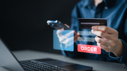 Hands holding credit card and smartphone with digital order icon, representing BNPL service, installment plan, deferred payment terms, and flexible finance solution in ecommerce checkout.