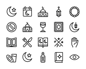Ramadan & Islamic Observance Line Icons - Crescent Moon, Mosque, Lantern, Prayer Mat, Quran, Fasting, Iftar, Charity for Religious Apps, Education & Cultural Design

