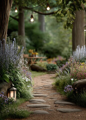 Whimsical garden pathway with blooming flowers, stone steps, hanging lights, lush greenery, tranquil forest, inviting atmosphere