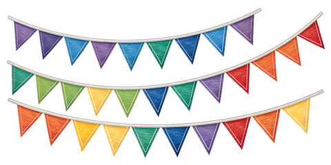 Colorful String Bunting Flags for Party Celebration Decorations isolated on transparent background

