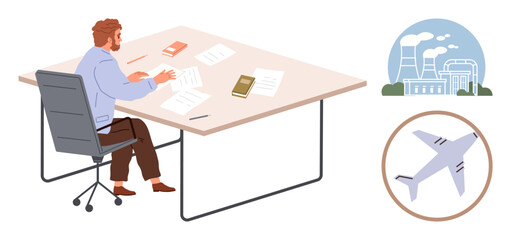 Man sitting at desk reviewing papers with books and documents, next to factory and airplane icons. Ideal for industry, energy, transportation, planning, management, analysis, sustainable growth