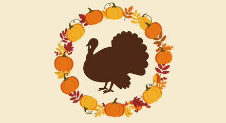 A brown turkey silhouette is centered in a wreath of pumpkins and colorful autumn leaves on a light yellow background