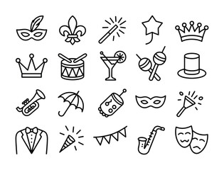 Party & Festive Event Line Icons - Crown, Mask, Cocktail, Trumpet, Confetti, Top Hat, Saxophone, Balloon for Birthday, New Year, Wedding & Holiday Design


