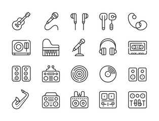 Music Production & Audio Gear Line Icons - Guitar, Microphone, Headphones, Piano, CD, Speaker, Saxophone for Streaming, Recording Studio & App UI

