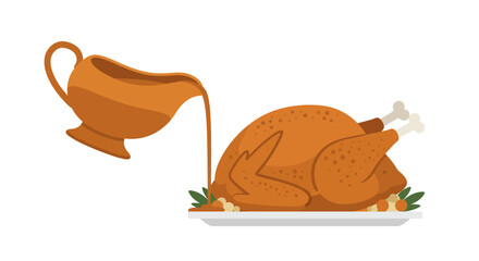 A cartoon illustration of a turkey being drizzled with gravy