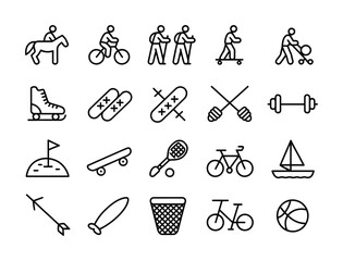 Sports & Active Lifestyle Line Icons - Bicycle, Skateboard, Golf, Basketball, Dumbbell, Ice Skates, Surfboard, Archery for Fitness Apps, Event Branding & Recreation UI

