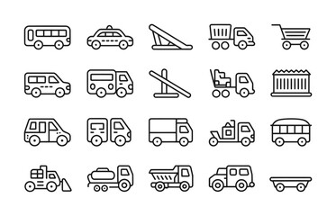 Transportation & Fleet Management Line Icons - Bus, Taxi, Truck, Forklift, Crane, Trailer, Excavator, Van for Delivery Apps, Urban Planning & Supply Chain UI