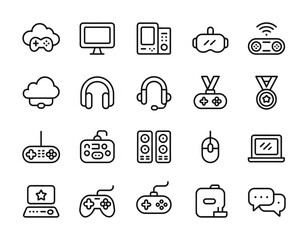 Gaming and Technology Line Icons: Controller, Headset, VR, and Streaming Tools