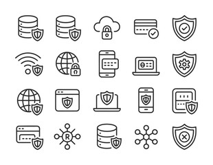 Data Security & Network Protection Line Icons - Shield, Lock, Cloud Security, Firewall, Encrypted Card, Biometric Login for Enterprise, Finance & Tech UI

