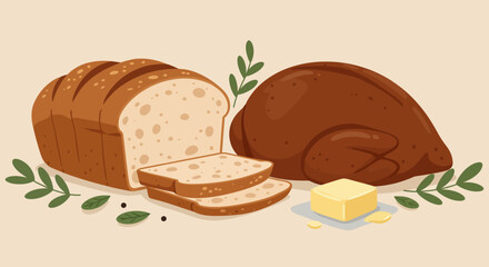 A loaf of bread sliced next to a cooked bird and butter on a light tan background
