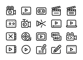 Video Creation & Media Production Line Icons - Camera, Clapperboard, Play Button, REC, Film Strip, Timeline for Content Creators, YouTube & Streaming Apps

