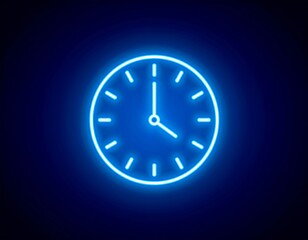 Glowing neon blue clock face on dark background; simple design