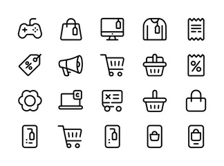 Online Shopping & Retail Line Icons - Game Controller, Shopping Cart, Price Tag, Laptop, Mobile Payment, Discount, Basket for E-commerce UI, Apps & Ads

