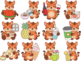 Illustrations of cute tiger character vector clip art for kids.