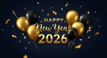 Festive new years celebration gold and black balloons with confetti