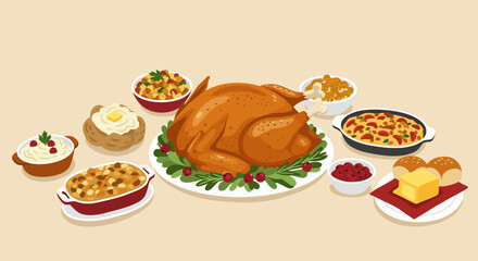 A Thanksgiving meal with a large roasted turkey surrounded by various side dishes set against a light beige background