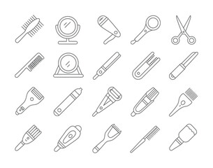 Hair Salon and Beauty Icons – Scissors, Hair Styling Tools, Grooming Outline Set