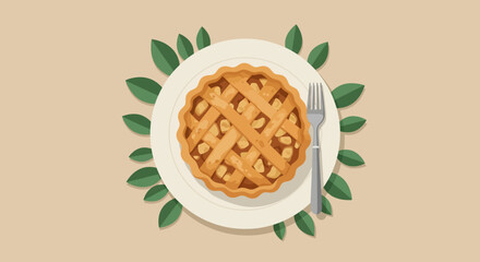 An apple pie with lattice crust on a plate with a fork surrounded by leaves on a tan background