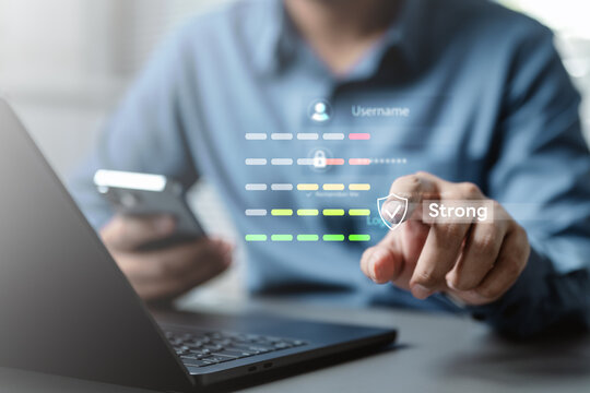 password, strength, signup, security, Business professional using a digital password strength meter for secure account creation, highlighting strong password policy, online safety, and data protection