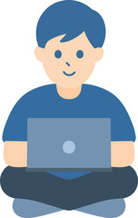 Cartoon of a boy sitting on the floor typing on a laptop.