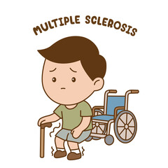 Man was multiple sclerosis use wheelchair try to walk, cartoon illustration on white background