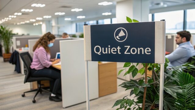 mental health diverse teams concept. Quiet workspace with sign indicating a designated quiet area.