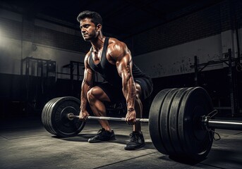 Indian Man performing deadlift with heavy barbell in gym. Studio fitness photography. Weightlifting and bodybuilding training concept.
