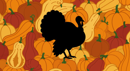 Black silhouette of a turkey against a vibrant backdrop of pumpkins and gourds