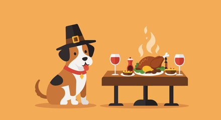 Cartoon dog wearing a pilgrim hat sits by a Thanksgiving feast on a brown table