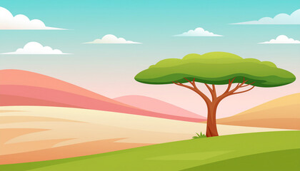 Obraz premium A cartoon vector of a stylized acacia tree with a wide flat canopy, African savanna style on pastel desert background.