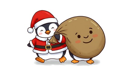 Festive penguin delivering a sack cartoon illustration with a smiling face