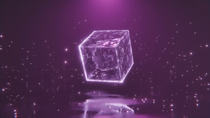 Futuristic Floating Cube With Glowing Particles is ideal for science fiction book covers, fantasy artwork, or meditation visuals.
