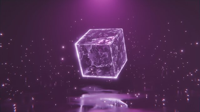 Futuristic Floating Cube With Glowing Particles is ideal for science fiction book covers, fantasy artwork, or meditation visuals.