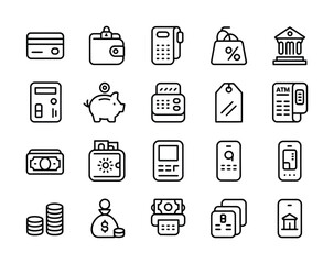 Finance and Banking Icons – Money, Wallet, Credit Card, ATM, Investment Outline Set