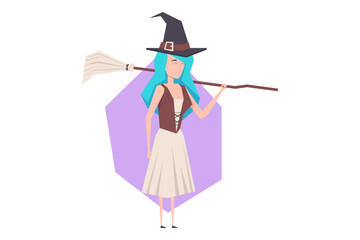 Cartoon witch with blue hair wearing black hat and holding broomstick. She standing confidently, dressed in traditional Halloween outfit, ready for spooky celebration