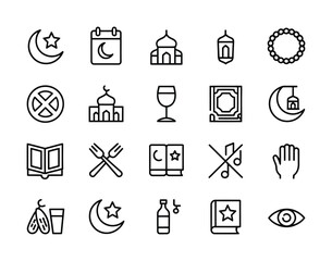 Ramadan and Islamic Icons – Mosque, Quran, Lantern, Fasting, Religion Outline Set