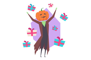Spooky character wearing pumpkin mask and long dark coat while joyfully raising arms. Colorful gifts floating around, hinting at festive Halloween celebration full of treats and surprises