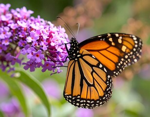 Fototapeta premium Monarch butterfly feeding on purple flower