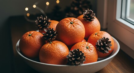 Fresh oranges and pine cones arranged in white bowl near a window