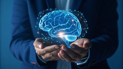 Ai for stress management holographic brain held in hands glowing neural network calm technology