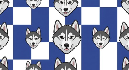 Cheerful husky dog head seamless pattern on blue and white background